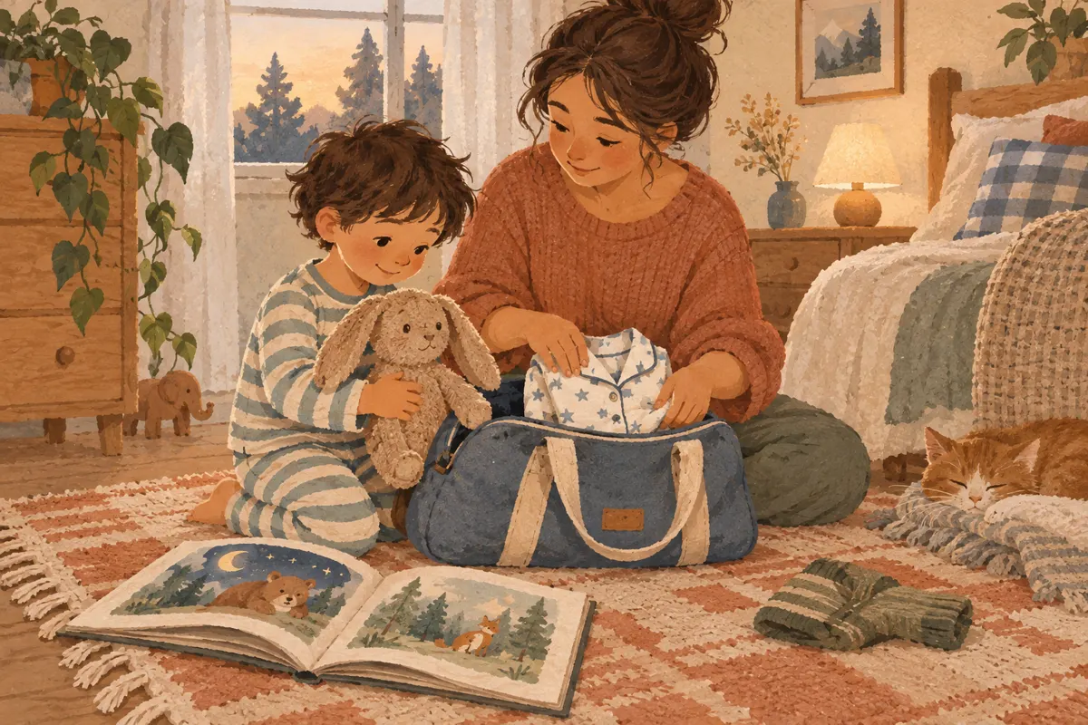 Ilustracja dziecka i rodzica wspólnie pakujących torbę na nocowanie u dziadków.