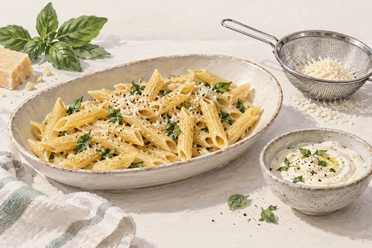 Makaron penne rozłożony w szerokim naczyniu obok sita i miseczki sosu.